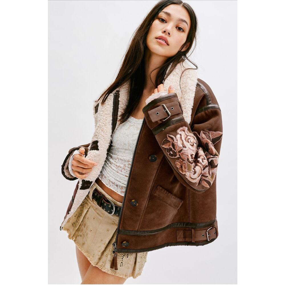 Free People NWT We‎ The Free Andies Embroidered Vegan Leather Moto Jacket Size L
